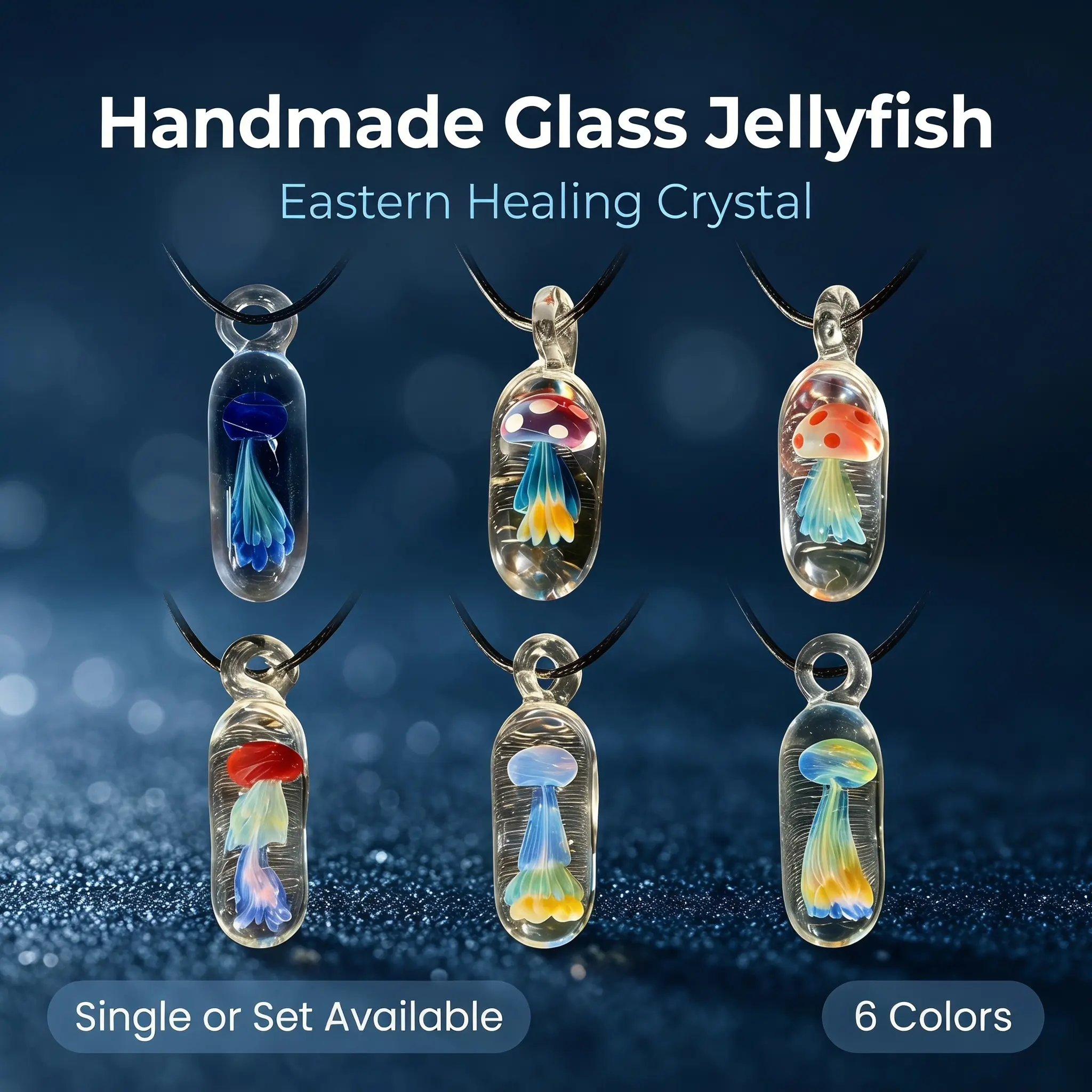 Hand Blown Glass Jellyfish Pendant Necklace | Eastern Healing Crystal Spiritual Jewelry | Artisan Handmade Lampwork Ocean Pendant | 6 Unique Styles with Distinct Designs | Single or Full Collection Set Available | Gift for Her & Sea Lovers