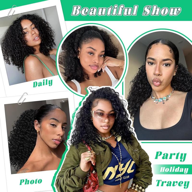 Kinky Curly Half Wig Synthtic Hair180Density curly 3In1 Half Wig Drawstring Seamless Flip Over Ready And Go Glueless Wigs With Beginner Friendly Upgrade Headband Wig for Women Daily Wear 14Inch