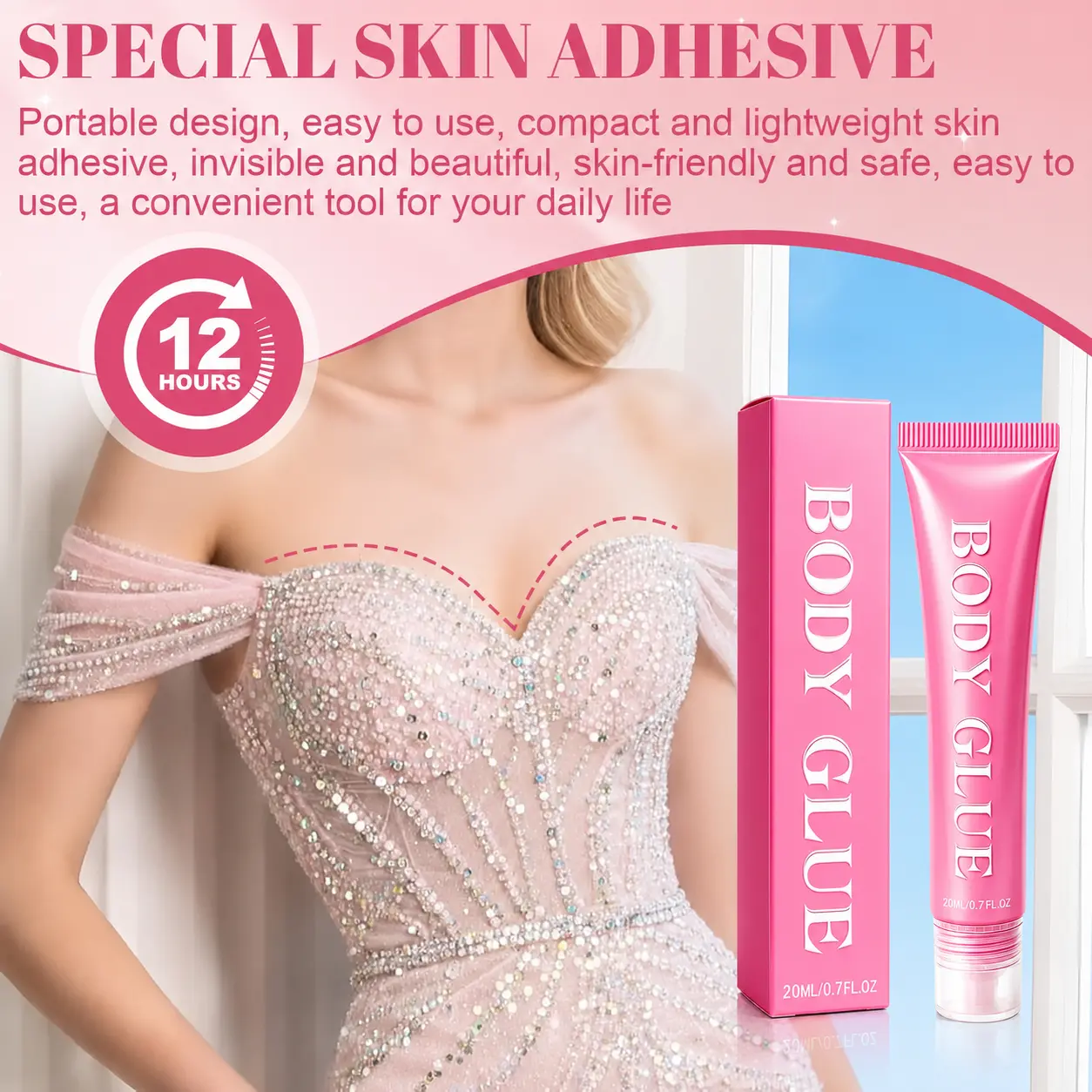 Women's Body Adhesive (20G/0.7oz) - Gentle, Long-Lasting, Slip-Resistant Fashion Glue, Mini Portable On-the-Go Tube, Accessory for Backless Gowns, Strapless Bras, Accessories