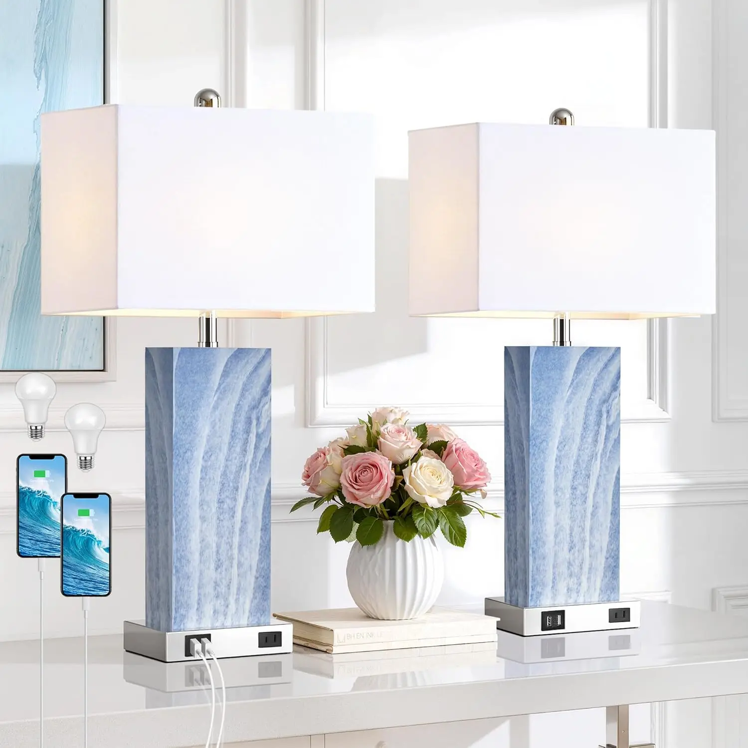 Touch Control Table Lamps Set of 2, Modern Ceramic Bedside Lamp with 2 USB Ports 1 AC Outlet, 3-Way Dimmable White/Blue Nightstand Lamp with Fabric Shade for Living Room, Bedroom (LED Bulbs Included)