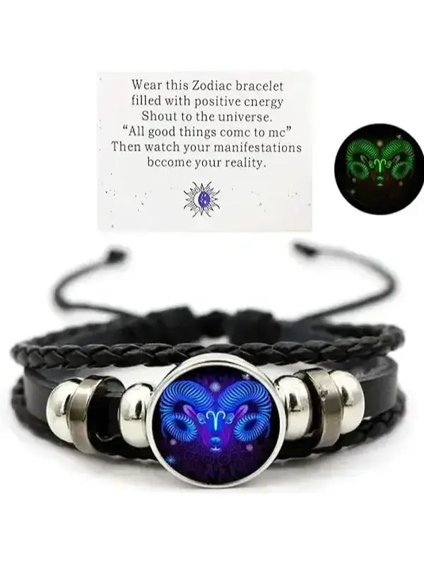 Serelune Jewelry Zodiac Sign Spirit Bracelet - Adjustable 12 Constellation Black Leather Wrap Bracelet for Women, Happy Birthday & Birthday Gift Ideas for Aries, Gemini, Aquarius with Positive Energy Glow-in-the-Dark Design