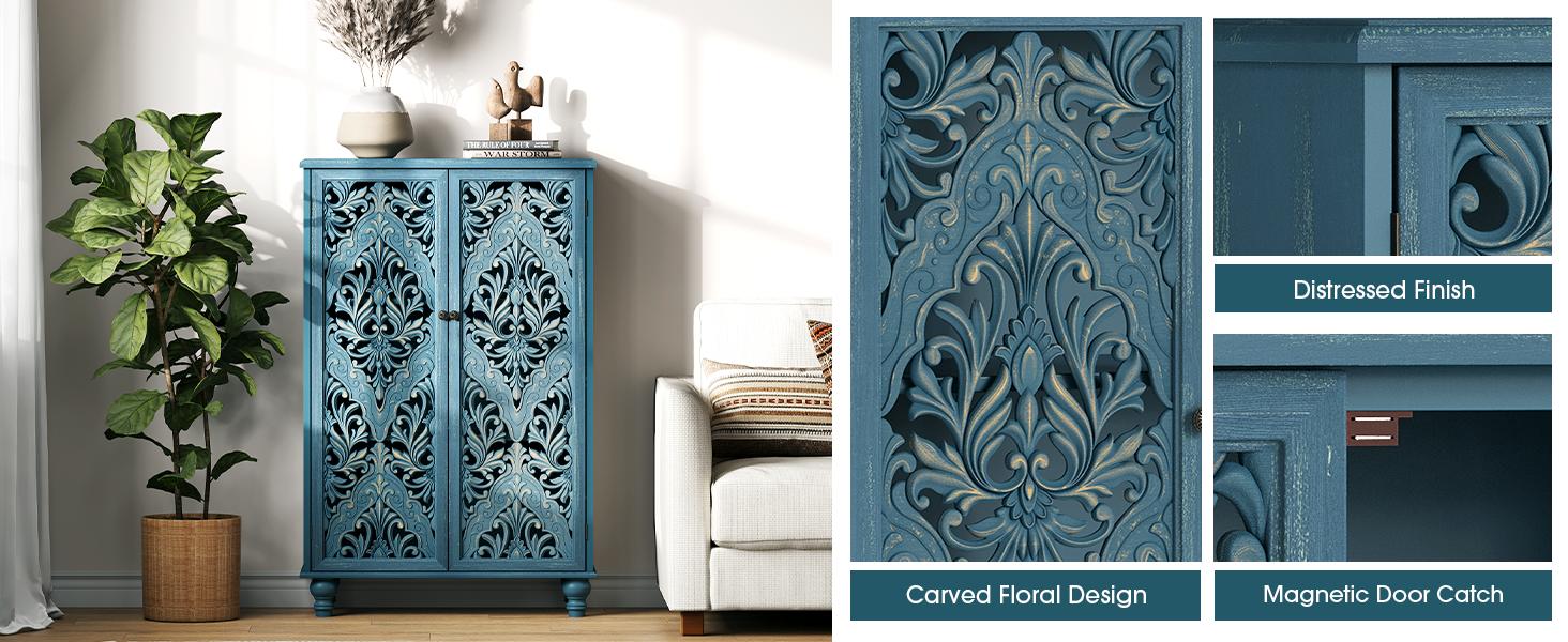 47" Boho Farmhouse Accent Cabinet Navy Blue Mandala Carved Doors Solid Wood Legs 100lbs Storage Sideboard for Entryway Living Room Coffee Bar