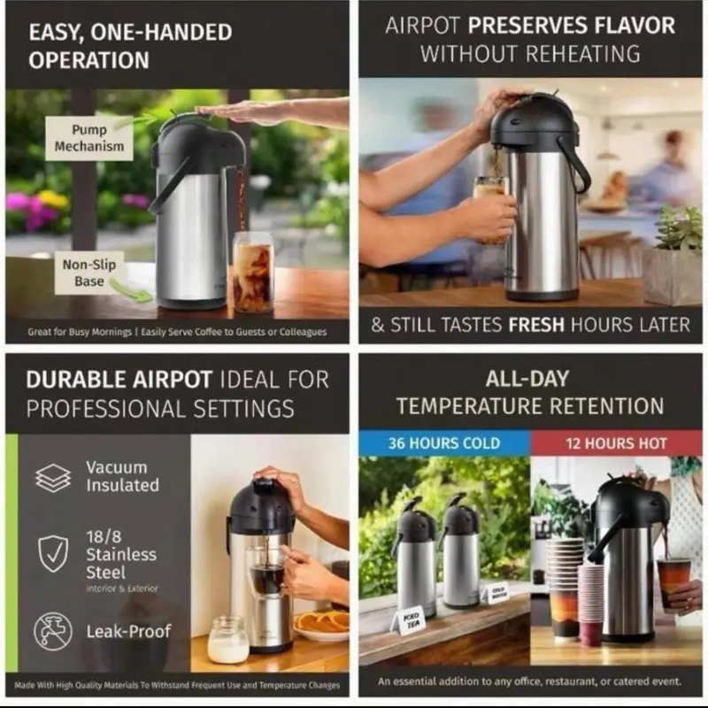 Coffee Carafe With Pump - 102oz 3L Airpot 12 Hours Large Hot Carafe, Cocoa Dispenser Parties - Tea Flask, Insulated Stainless Steel Airpots Hot Beverage Dispenser - Coffee Pump