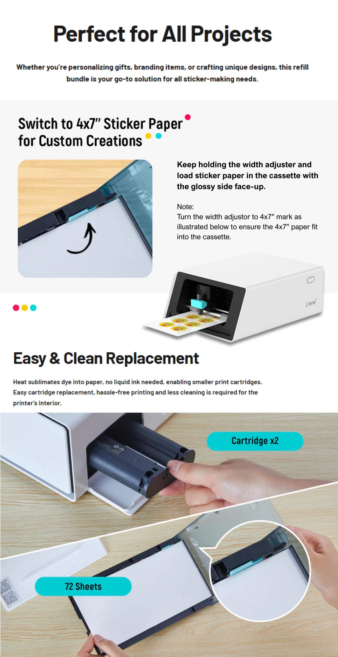 Liene Sticker Paper & Cartridge (Enhanced Adhesion Version) - 2 Ink Cartridge Refills & 72 Sheets 4x7" Photo Paper, Dye Sublimation Waterproof, Compatible with Liene PixCut S1