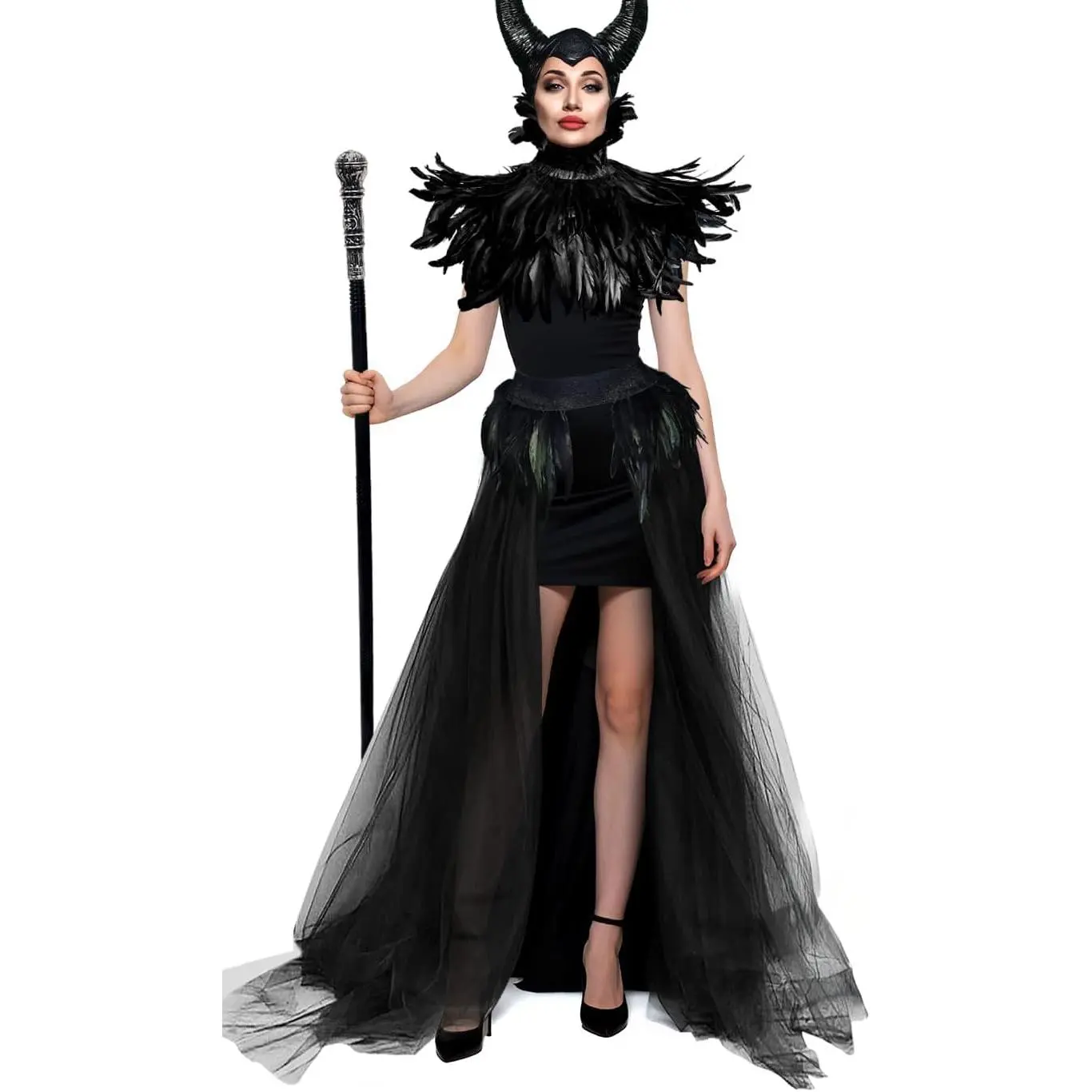 UQJE Black Gothic Witch Costume Raven Costume Halloween Feather Shawl Mesh Cape with Horns Set