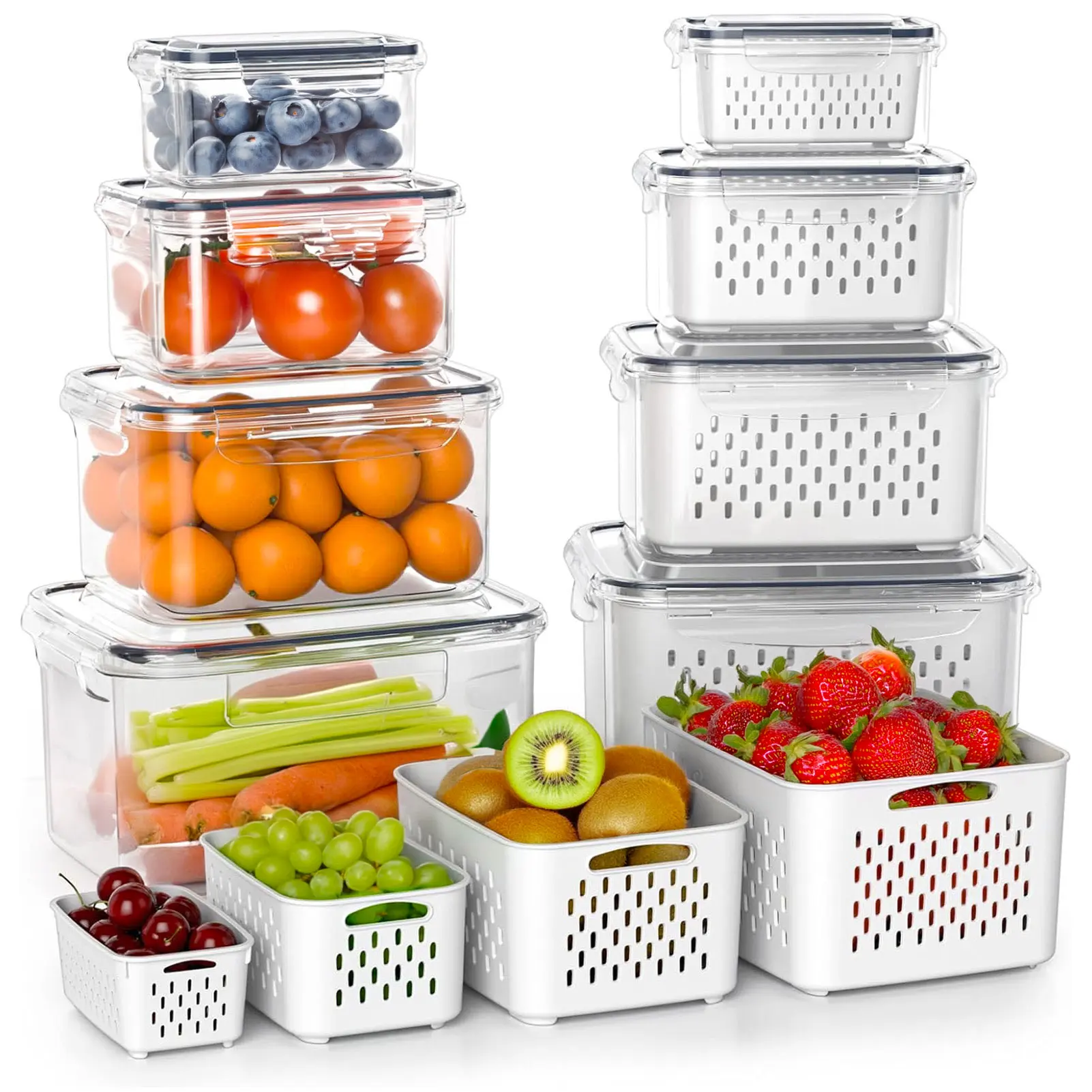 Fruit and Vegetable Organizer, 8-pack Double DrainerFruit & Vegetable Storage Box,Kitchen Accessories Storage Organizer, Household Essentials Durable  Food Storage Container for Salad Berry Lettuce Vegetables Meat Keeper Fresh