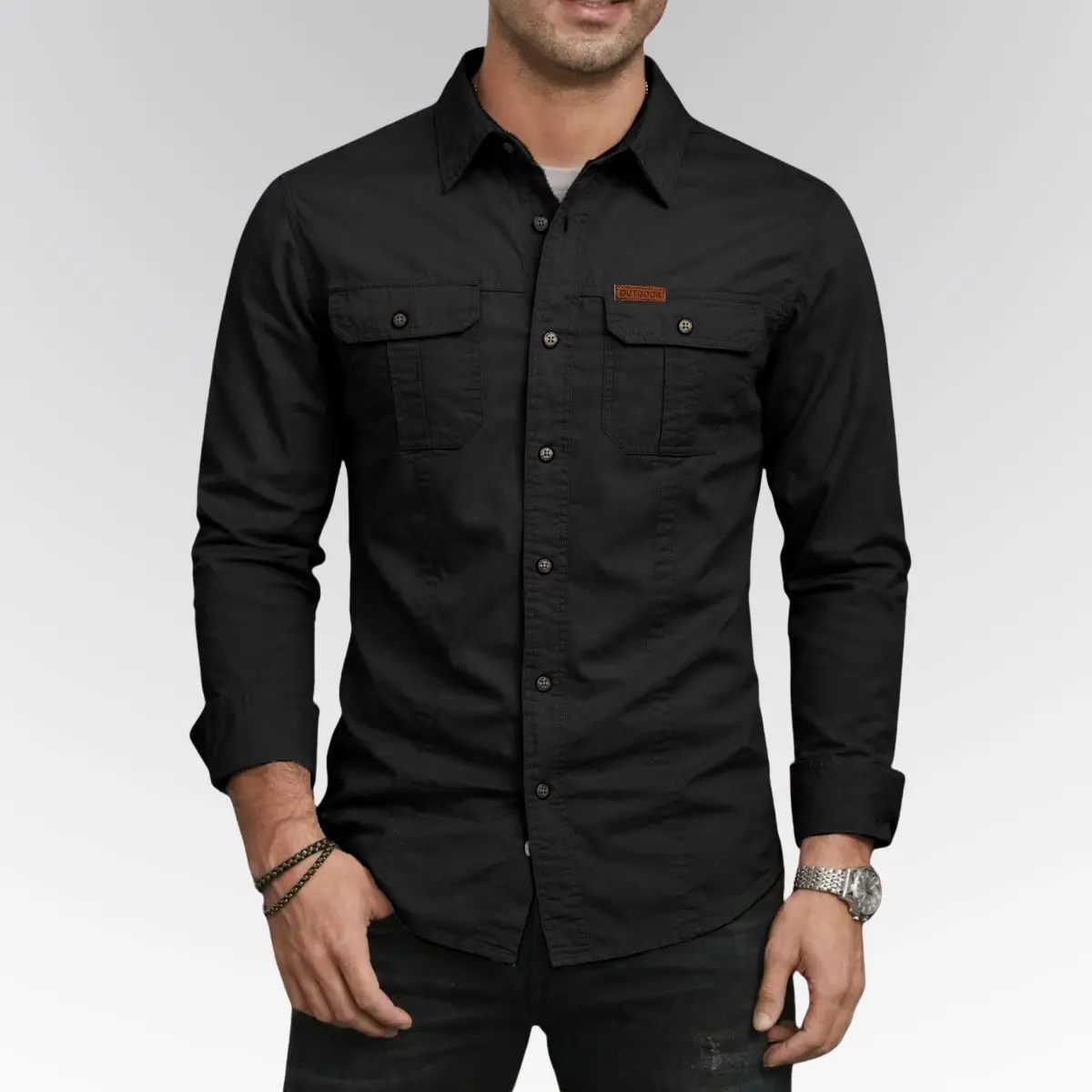 Men's Classic Collared Button-Down Plain Casual Solid Shirt - Long-Sleeve Workshirt with 2 Chest Pockets, Stylish Outdoors Top