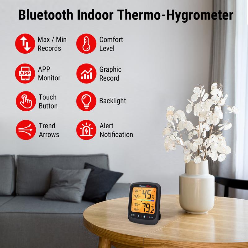 ThermoPro Bluetooth Hygrometer Thermometer TP350 & TP359W, Indoor Room, Home Temperature and Humidity Monitor, High Accuracy Sensor, App Alerts, Data Export, Backlit LCD, Max/Min Records