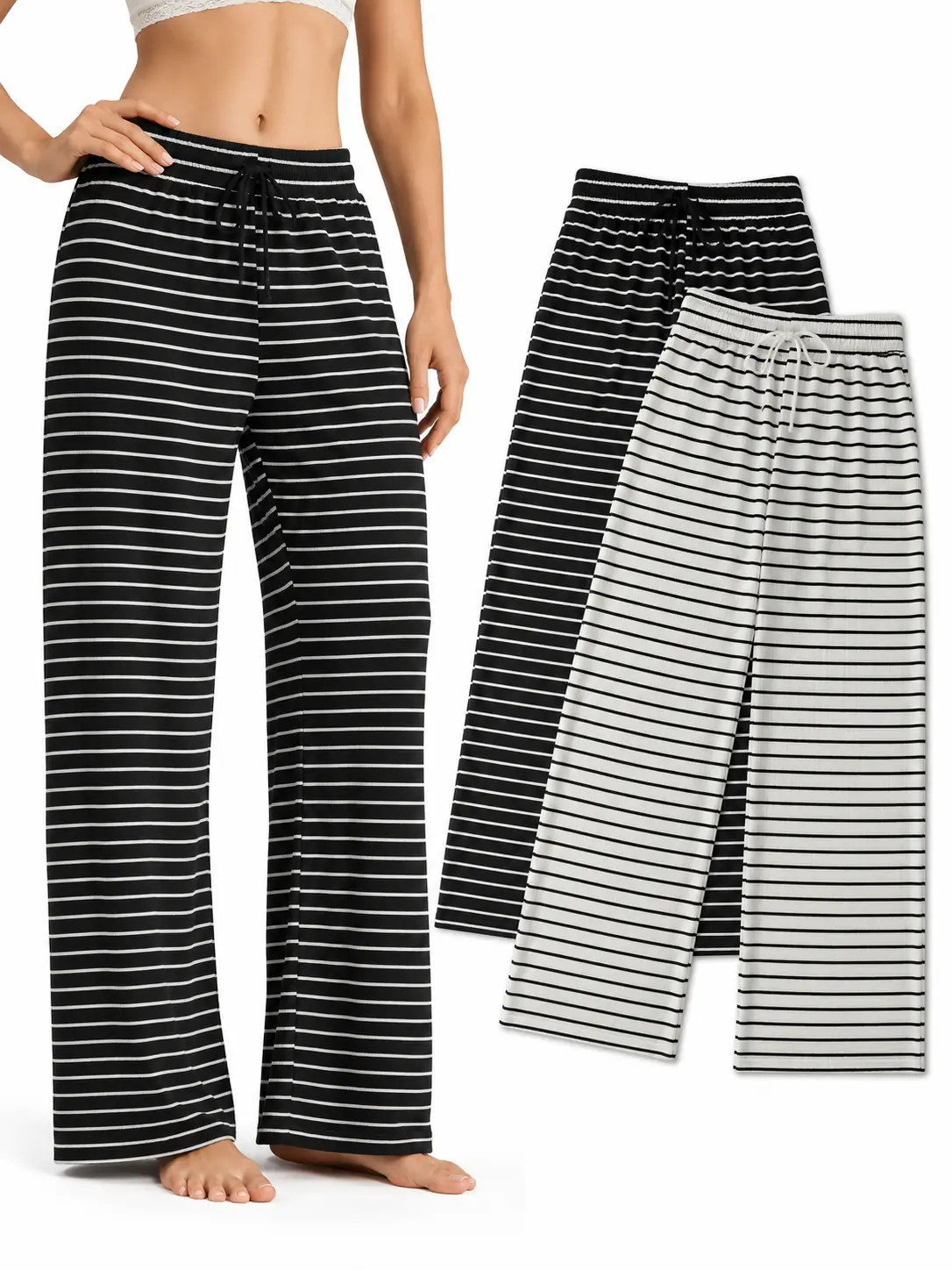 Women's 2-Pack Wide Leg Polyester Comfy Pants - Soft Ribbed Knit Striped Lounge Bottoms with Drawstring Adjustable Mid Waist for All Seasons