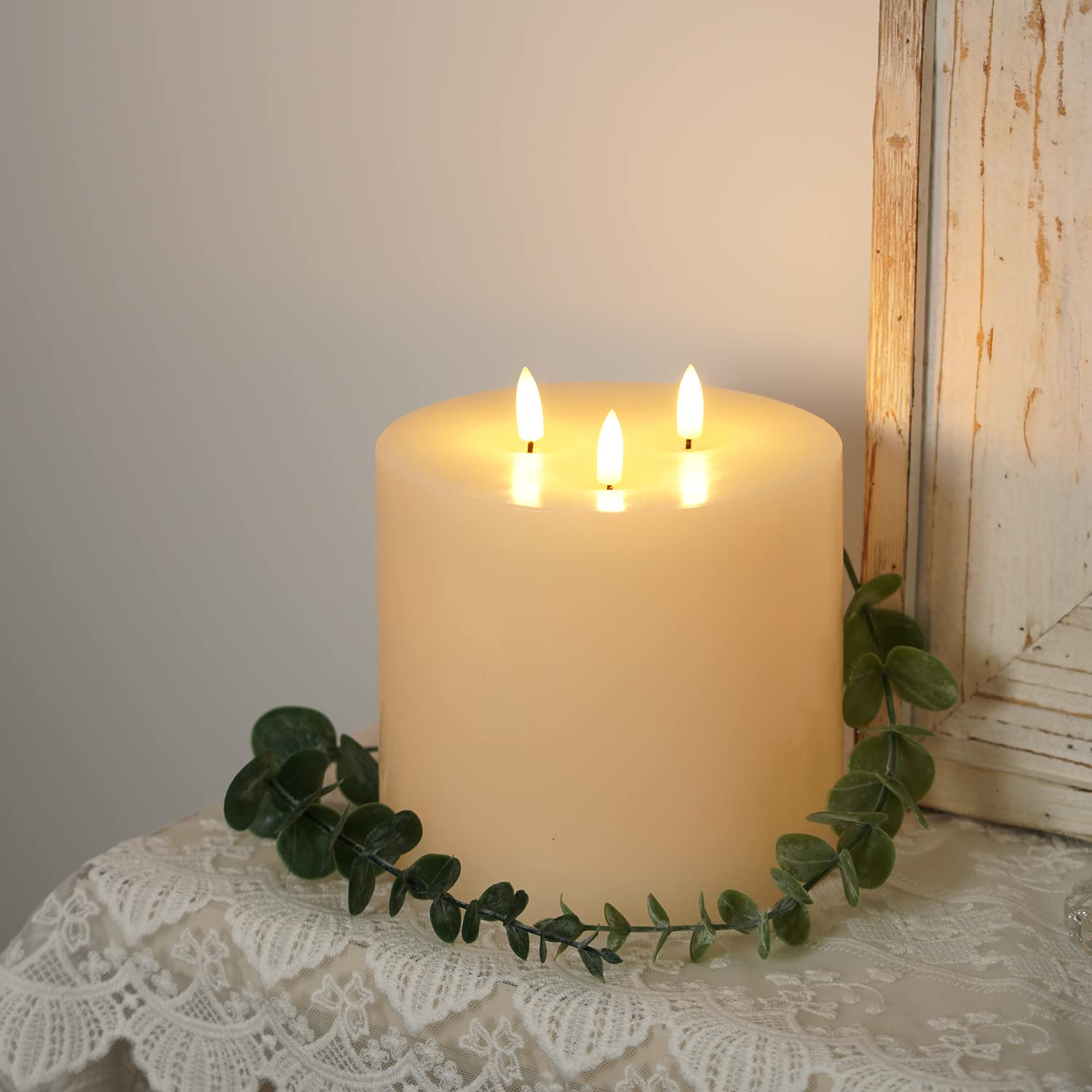6"x6" Extra Large Flameless Candles with 3 Wicks, Battery Operated Candles with Remote Control and Timers, 6 inch Diameter LED Pillar Candles, Real Wax, Ivory