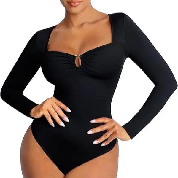FeelinGirl Body Suits for Womens Long Sleeve Thong Shapewear Bodysuit Sweetheart V Neck Top Shirt Christmas Outfit Womenswear #Summervibes