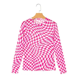 Rose Checkered Pattern Mesh Mock Neck Long Sleeve Top