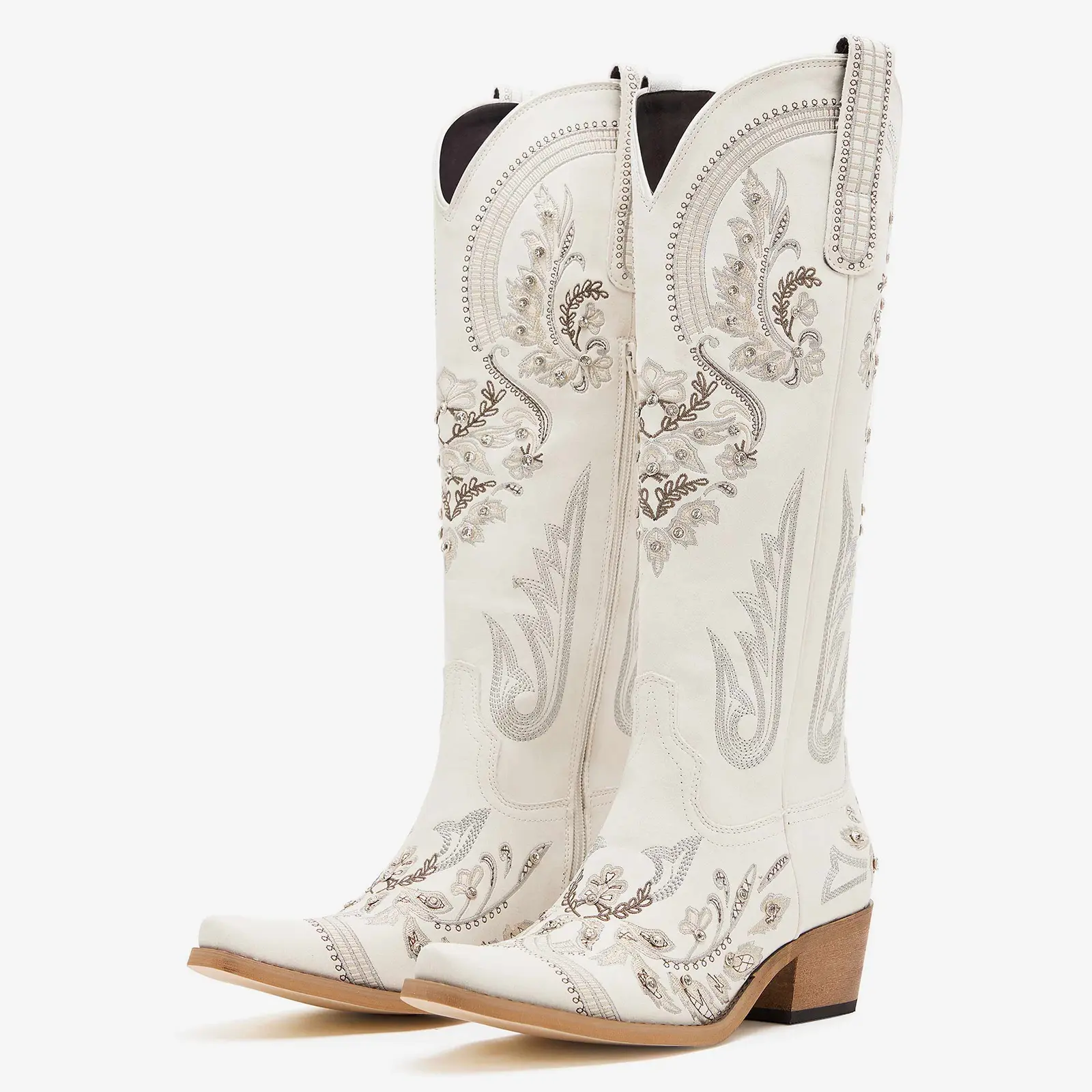 Women's Elegant Stylish Rhinestone-Embroidered Wide Calf Knee-High Western Cowgirl Boots, Pointed Toe, Chunky Heel, Retro Cowboy Shoe for Footwear Statement Shoes