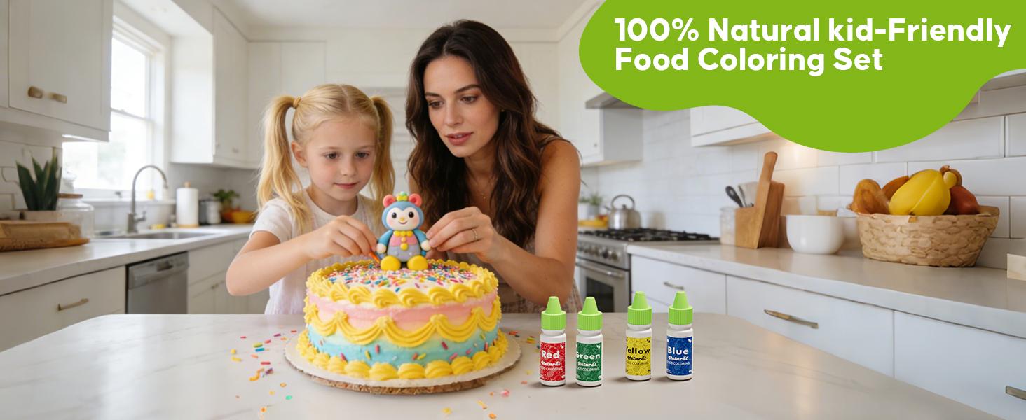 4 Natural Liquid Food Coloring 0.25 Fl Oz (6ml) /bottle, FD&C Free ，Dye Free Plant Based Food Coloring, Vegan Food Coloring for Cake, Frosting, Fondant & Easter Egg Decorating Baking