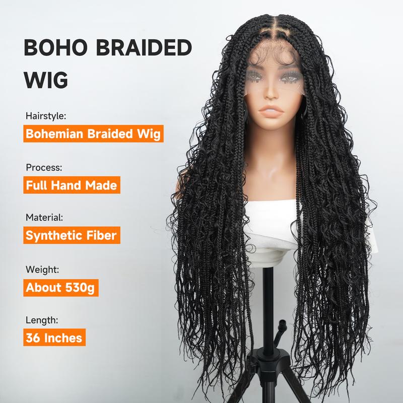 Wiggins 36 Inch Box Braided Wigs Full Lace Front Wig Synthetic Long Braided Wig Synthetic Braided Wigs With Boho Curly Ends WeeklyDeals