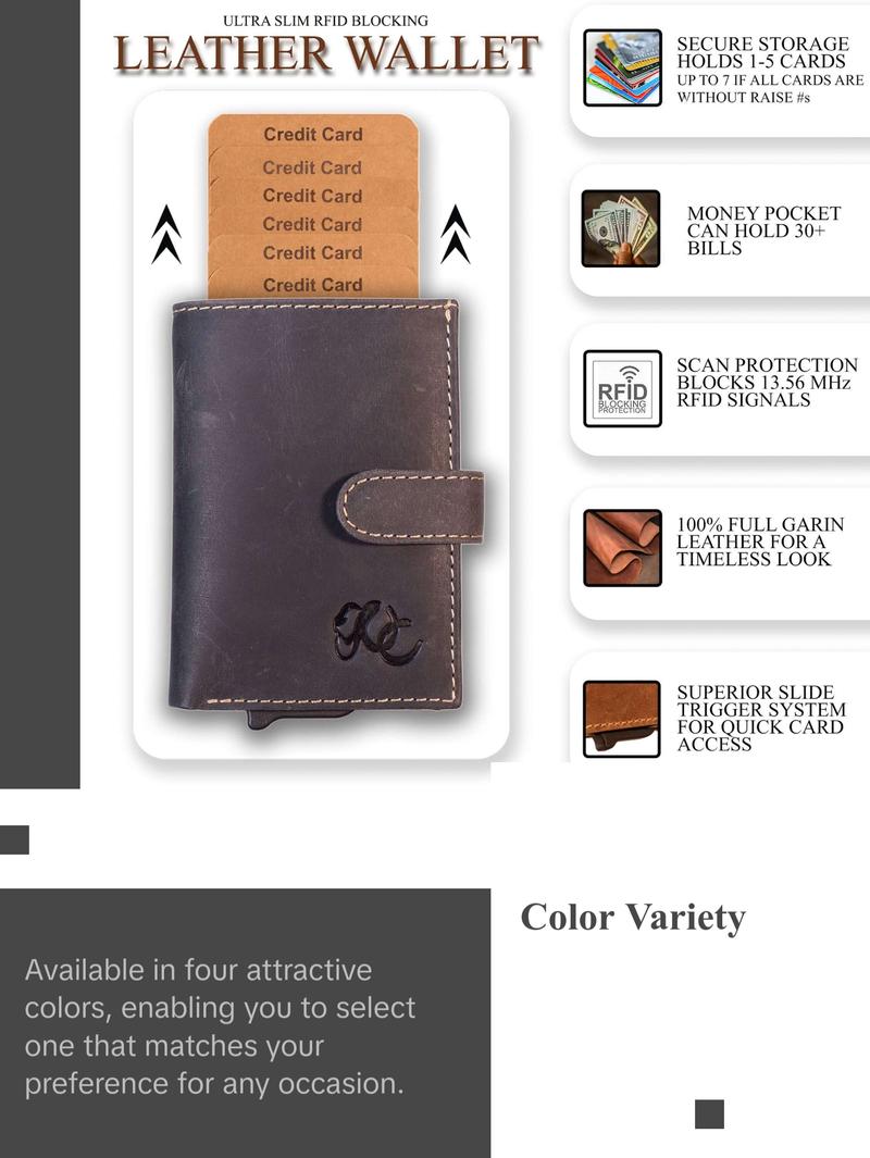 UC Leather Company Automatic Pop-Up Bifold Wallet Leather Compact RFID Blocking for Formal Occasions with ID Window & 8 Card Slots