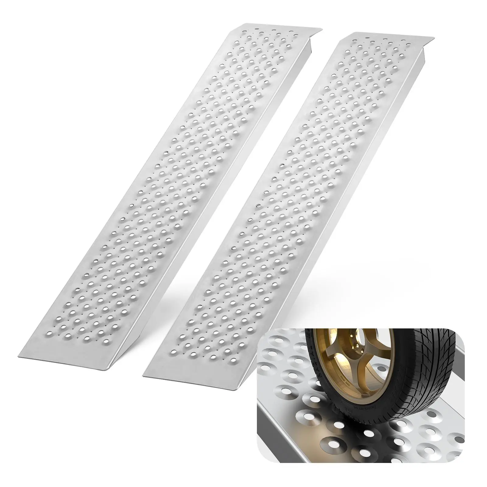VEVOR 2-Piece Portable Aluminum Loading Ramps for Tire Transport, 47.2x8.5in, 880 lbs Capacity, Secure Hook Grip, Anti-Slip Holes for Rain, Stable & Convenient Use, Easy Setup, Screws to Hang Up, Compact Storage (Father's Day Gift)