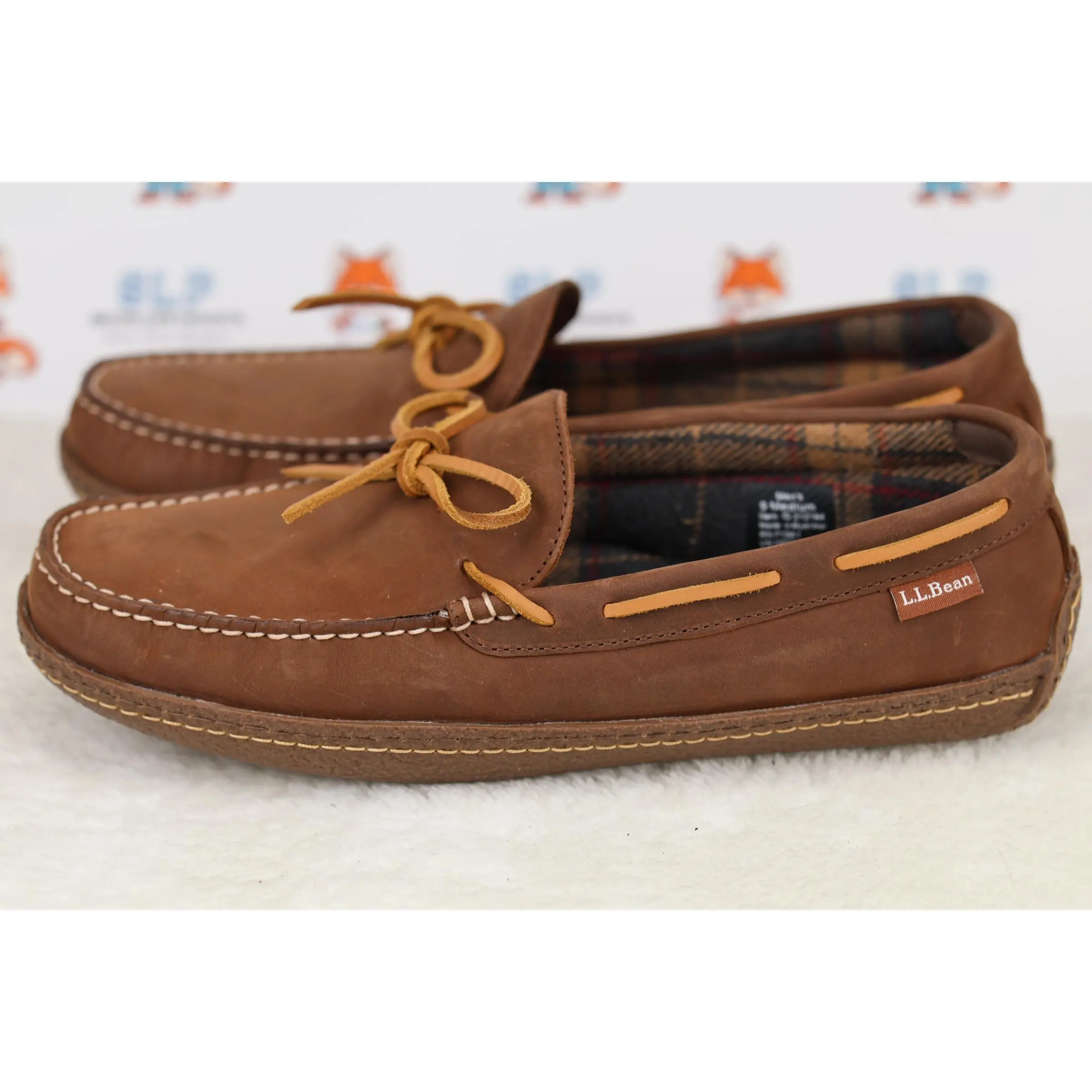 L.L. Bean Men's Genuine Leather Acorn Moccasin Slippers - Slip-On, Plaid Lining, Hand-Sewn Craftsmanship, Casual Footwear, Durable Construction, Warm Indoor, Size 9 Medium
