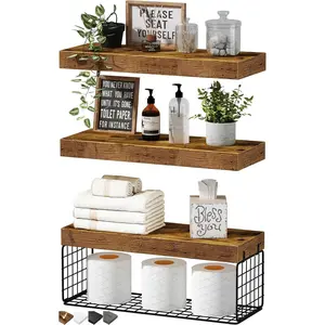 Bathroom Shelves Over Toilet - Wall Mounted Floating Toilet Paper Storage Small Farmhouse Decor Shelf 16 inch Set of 3, Rustic Brown (019-BN3)