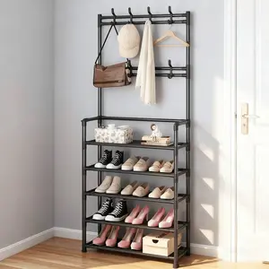 Elegant 5-Tier Coat Rack Shoe Rack with 8 Hooks & Storage Shelves Freestanding Iron Shoe Organizer for Entryway Bedroom Closet Living Room Office Stable Design Space-Saving Multifunctional Modern Durable Contemporary Home Solution