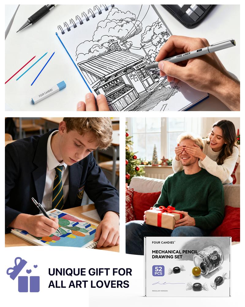 Four Candies 73/52PCS Advanced Art Supplies Drawing Kit with Fineliner Pens, Mechanical Pencils, 3-Color Sketchbook, Charcoal Sticks,Pastels for Sketching Drawing Comics Gifts for Professionals Artists Four Candies 73/52PCS Advanced Art Supplies Drawing Kit with Fineliner Pens, Mechanical Pencils, 3-Color Sketchbook, Charcoal Sticks,Pastels for Sketching Drawing Comics Gifts for Professionals Artists