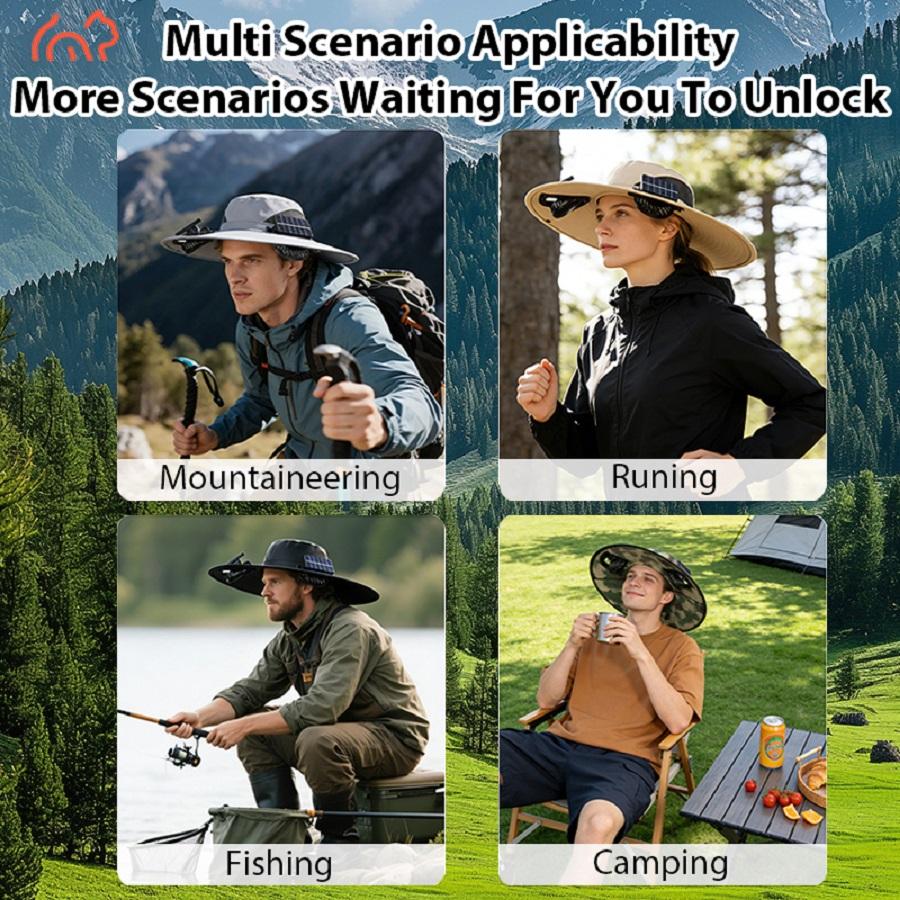 Wide eave solar fan outdoor fishing hat 2 solar fan men's hats with built-in solar fan fishing hat men's fan hat, thermal sensitive worker, lightweight headwear, adjustable hat, reinforced stitching, high-quality textile, cooling hood, summer traveler
