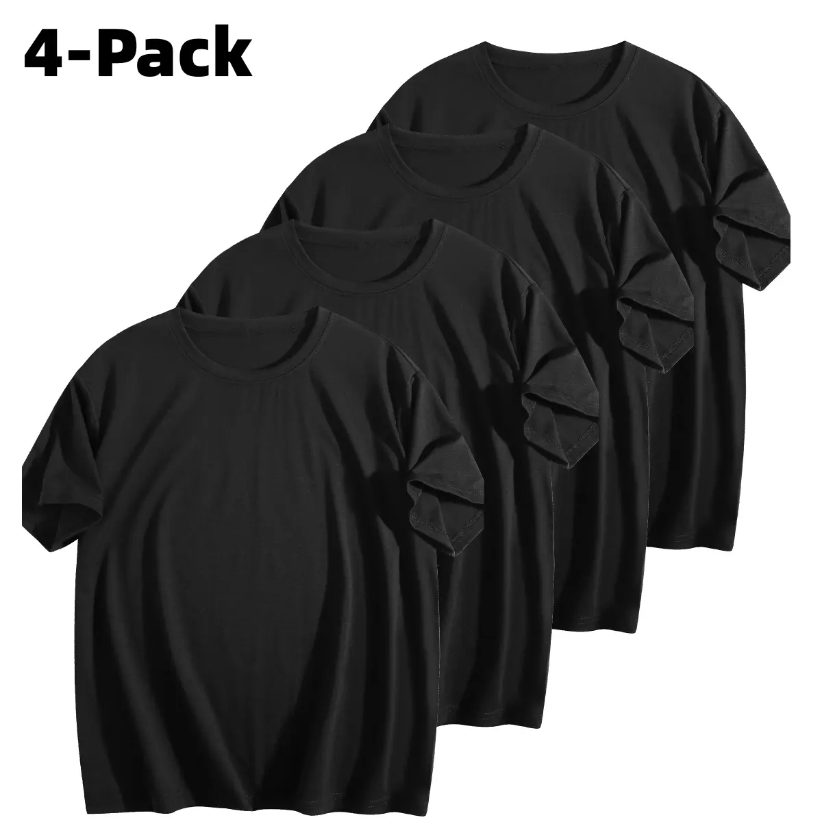 4-pack of women's pure black crew neck breathable casual T-shirts, short-sleeved tops, suitable for everyday sportswear.
