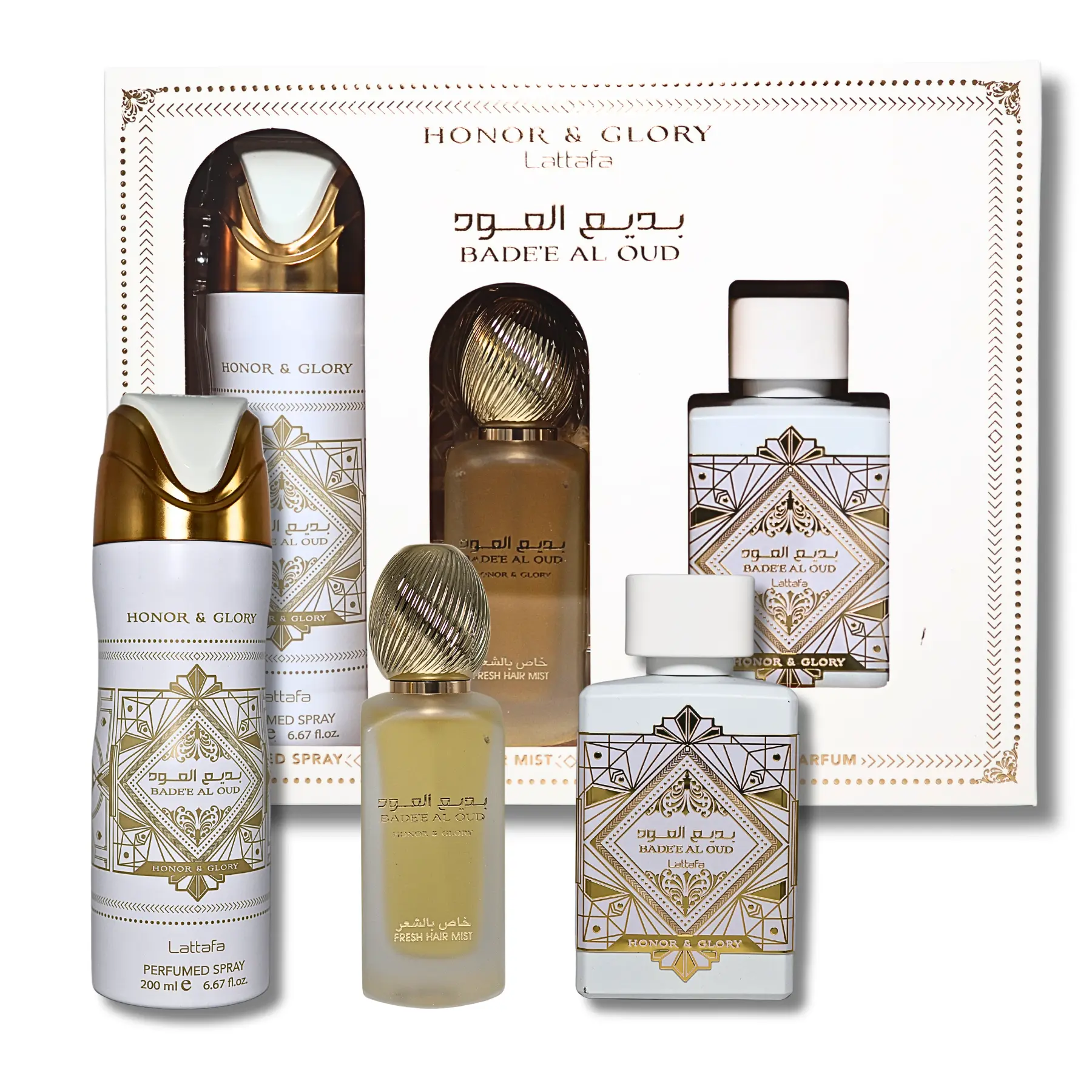 Lattafa Bade'e Al Oud Honor & Glory 3-Piece Arabian Cologne Gift Set - Oriental EDP, Perfumed Spray, Hair Mist with Spicy Vanilla, Amber Blend, Fruity Wood Notes; Long-Lasting Fragrances, Powder, Self Care Liquid for Adults