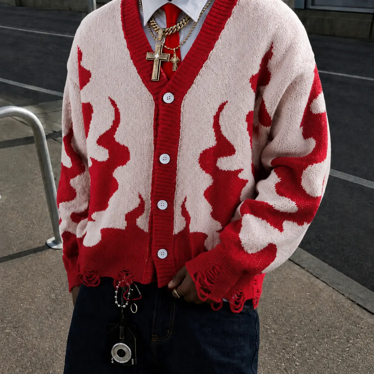 Mens Y2K Red Flame Graphic Cardigan Sweater Distressed Grunge Streetwear Knit V-Neck Button Up Vintage Retro Knitwear Alt Opium Hip Hop Oversized Fall Winter Sweaters For Men Ripped Frayed Hem Unisex XS-XL Casual Long Sleeve