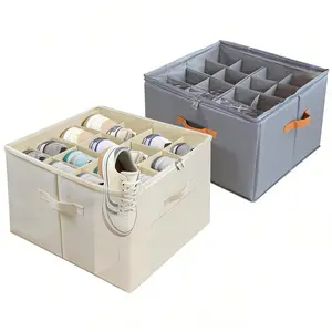Foldable Shoe Organizer for Closet with Clear Cover, Large Stackable Shoe Storage Box with Adjustable Dividers, Space Saving Sneaker Storage Container for Sneakers, Boots, Heels & Slippers (White/Grey)