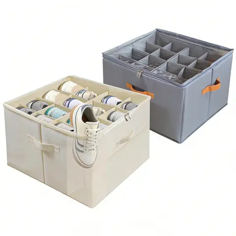 Foldable Shoe Organizer for Closet with Clear Cover, Large Stackable Shoe Storage Box with Adjustable Dividers, Space Saving Sneaker Storage Container for Sneakers, Boots, Heels & Slippers (White/Grey)