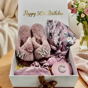 Taniri Luxury Birthday Gift Box for Women, Sending Hugs Self Care Spa Gift Set with Slippers, Robe, Sleep Mask, Jewelry Box and Scrunchie, Ready to Gift Care Package, Birthday Gift Basket, Party Gift Packs