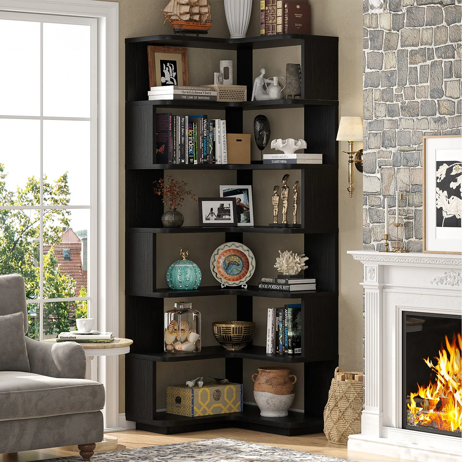 Corner Wood Bookshelf , Freestanding L-Shaped Bookcase with Baffle, Sturdy Display Shelf Stand Furniture for Home Office,Living Room, Bedroom Bookshelf Book Rack Book Holder Book Bins