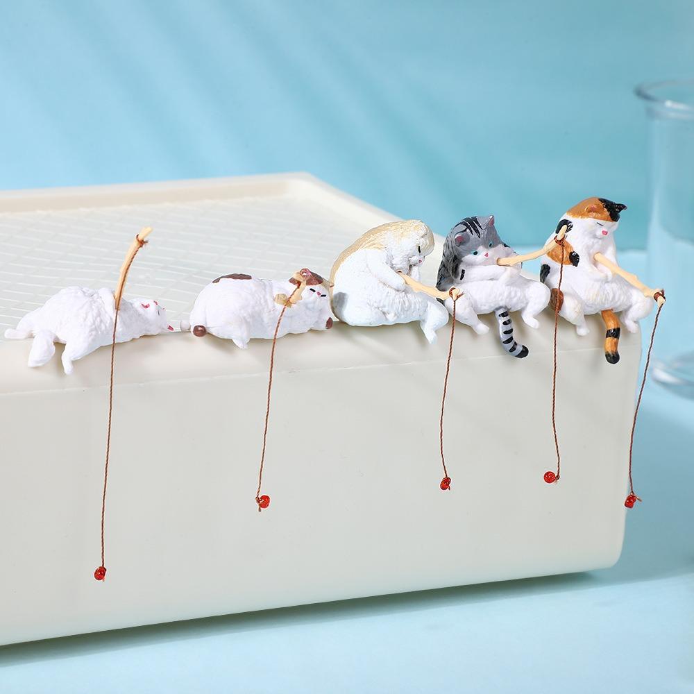 MUNBYN  Cute Mini Cat Fishing Desk Figurines Set, Resin Micro Landscape Ornaments for Office & Computer Desk Decor, Adorable Pet-Themed Desktop Accessories for Home or Workspace (5 PCS)