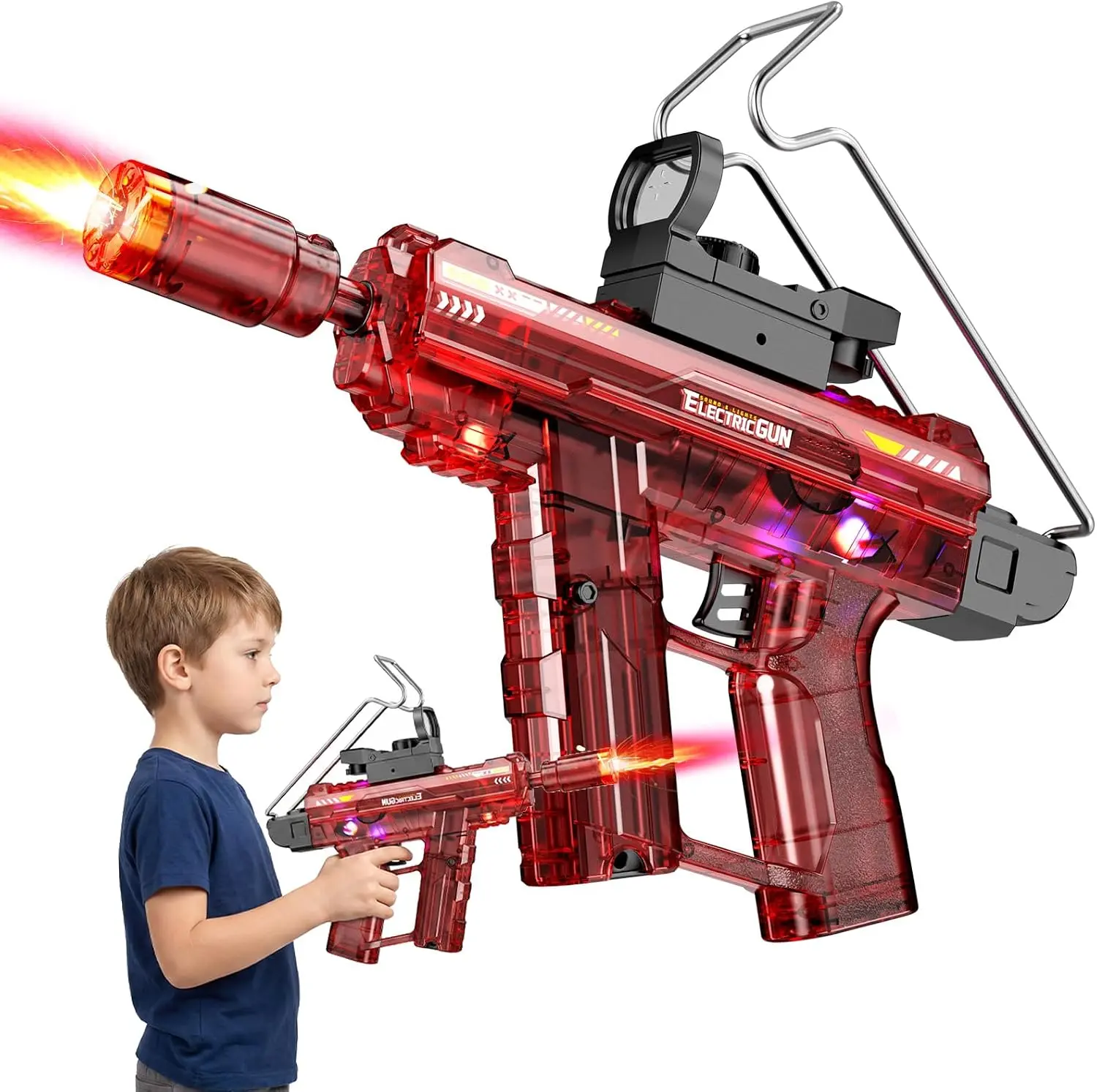 Toy Gun Size 19in Red Plastic with USB Charging Cable, Battery, Stock, and Scopes