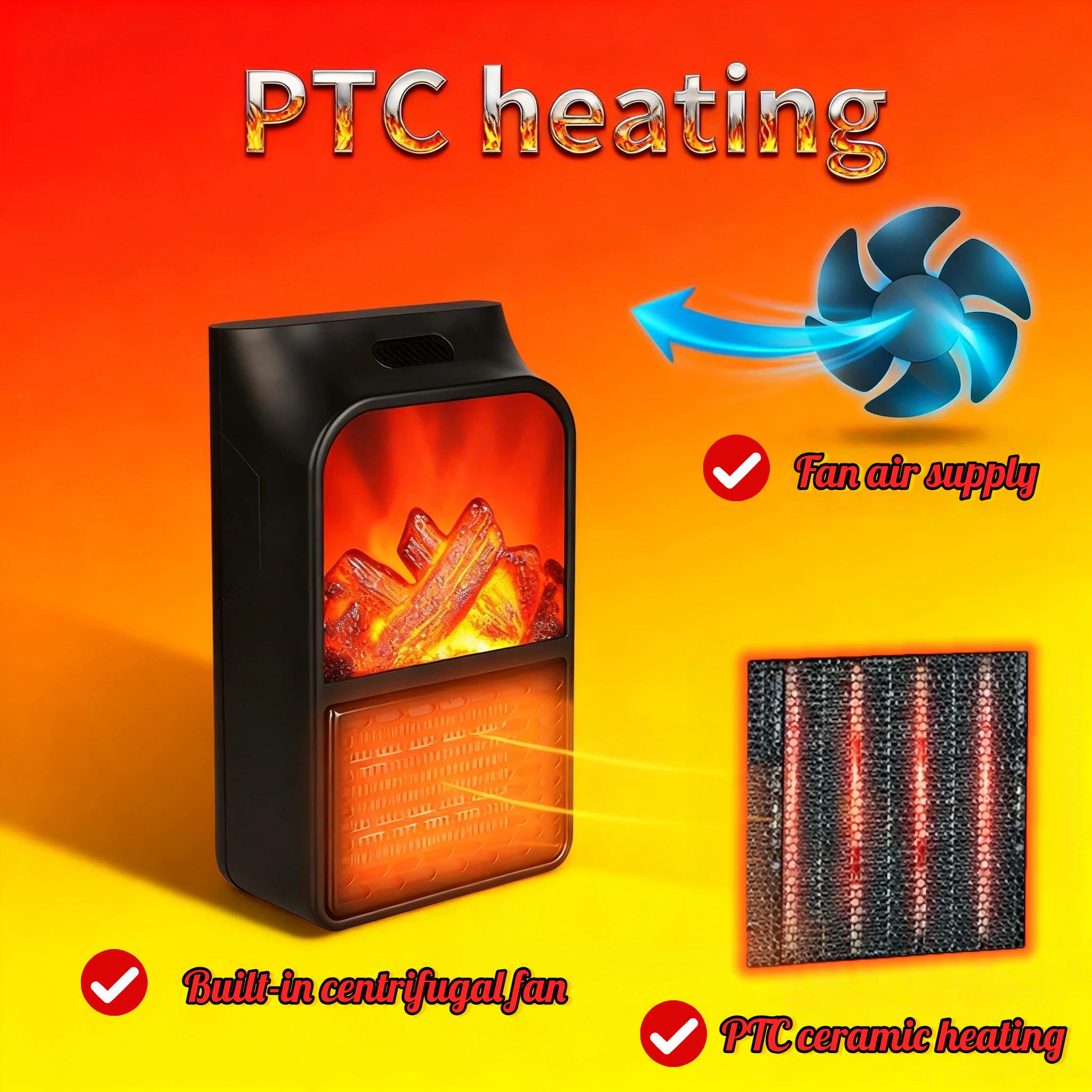 Small Fireplace heater for Indoor use with Realistic 3D Flame, Space Heater with Thermostat, 900W PTC Ceramic Heating, Tip-Over Safety Switch, Black