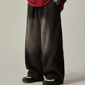 Korean Japanese Stylish wide-leg loose retro washed jeans elastic waist 50% Cotton