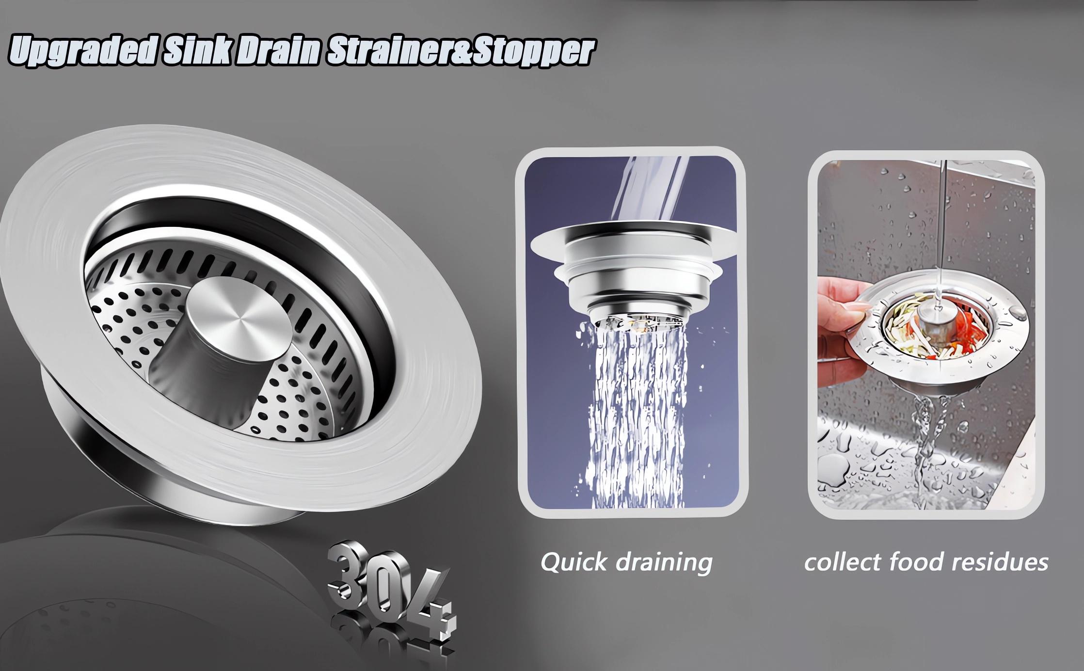 3-in-1 Kitchen Sink Drain Strainer, Deodorizing Anti-Clog Basket Strainer for US Standard 3-1/2 Inch Drains Removable Stainless Steel Sink Plug