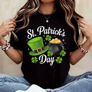 St Patricks Day T-Shirt With Leprechaun Hat Pot Of Gold And Clover Print For St Patricks Day Celebration