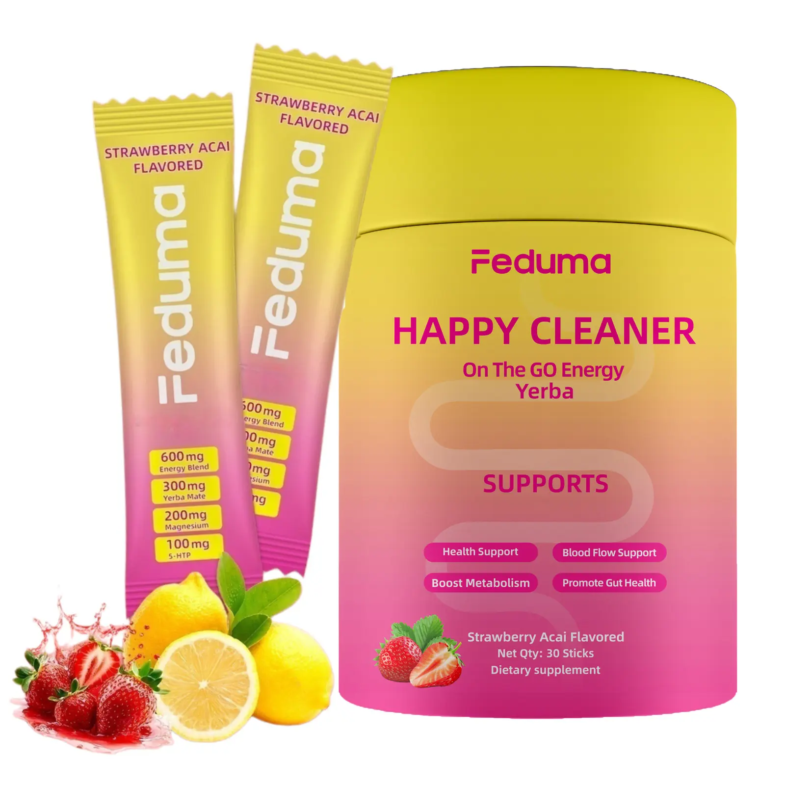 Happy Cleaner Cutting Mix Powder | Berberine | Chromium | 5-HTP | Natural Yerba Mate | Magnesium | Strawberry Acai | 30 Count