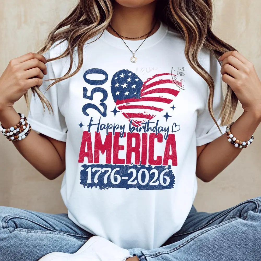 Women's American 250th Birthday Celebration Cotton T-Shirt - Casual, Round Neck, Short Sleeve, 1776-2026 "Happy Birthday America", USA Flag, Summer Wear, Machine Washable, No Dry Clean, Made in USA