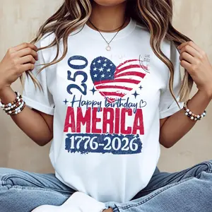 American 250th Birthday Celebration Cotton T-Shirt, Crew Neck, Short/Regular Sleeve, 1776–2026, “Happy Birthday, America,” USA Flag Design, Summer Wear, Machine Washable, Do Not Dry Clean, Made in USA