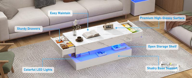 47.3" High Glossy LED Coffee Table with 2 Sliding Storage Drawers Living Room Coffee Table w APP Control LED Lights Modern Double Layer Center Tables Large Furniture Home Decor Lounge