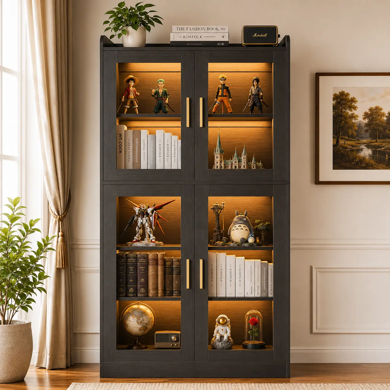 Homieasy 67'' Tall Storage Organizer Cabinet, Kitchen Pantry Cabinet with Led Light, Freestanding Display Bookcase with Tempered Glass Doors and Adjustable Shelves for Living Room, Dining Room