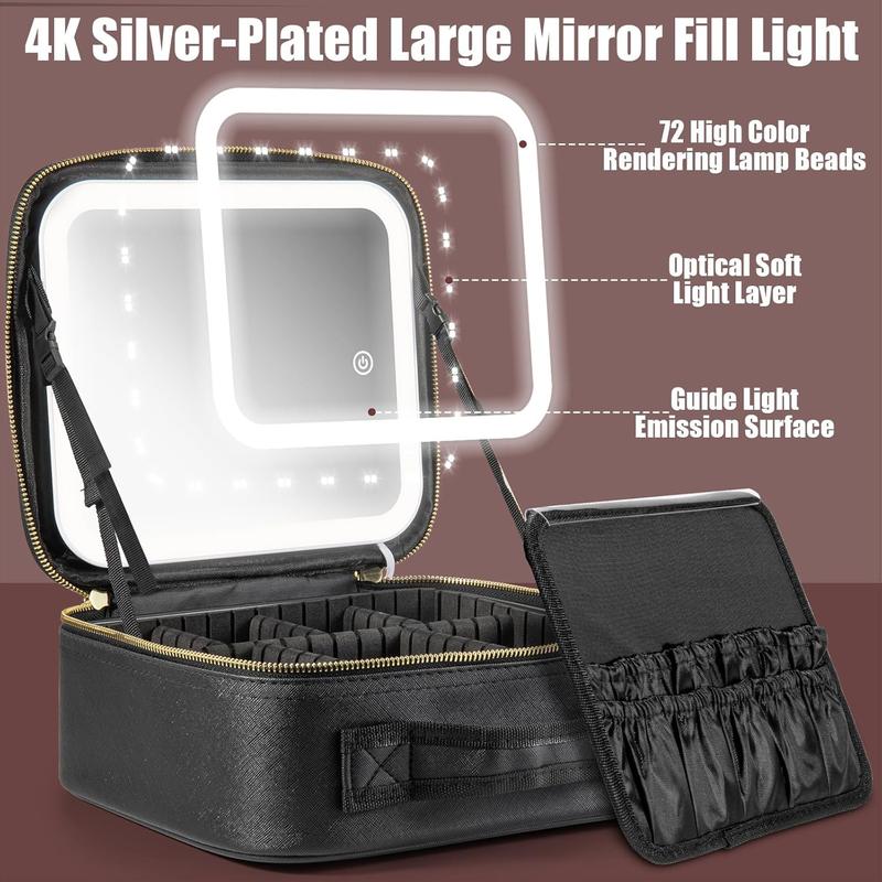 Makeup Bag with LED Mirror, Small Travel Makeup Case with Rechargeable Lighted Mirror 3 Color Lights, Double Layer Cosmetic Box Makeup Brush Lipstick Holder Organizer for Women, Black