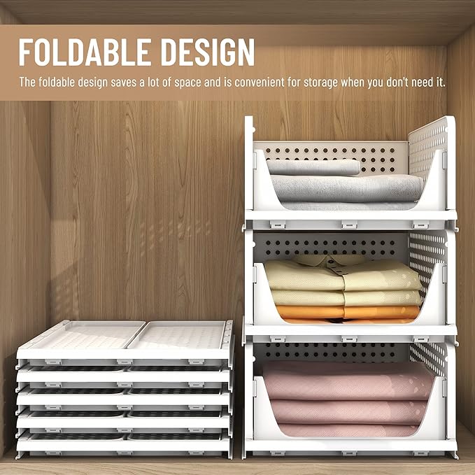Stackable Plastic Storage Basket-Foldable Closet Organizers and Storage Bins 4 Pack-Drawer Shelf Storage Container Lightweight Slide Waterproof