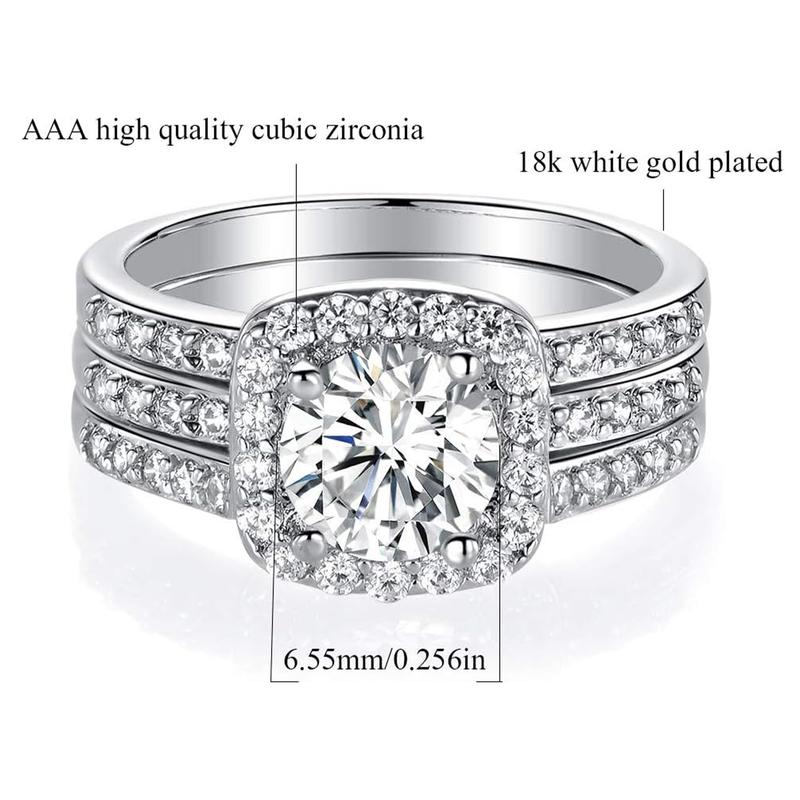 GEMSME 1.5 CT Round Cut Classic Three-in-One 3 Pieces Set Halo Wedding Engagement Promise Eternity Opal Ring for Women Mother Day Birthday Christmas Gift R-0969