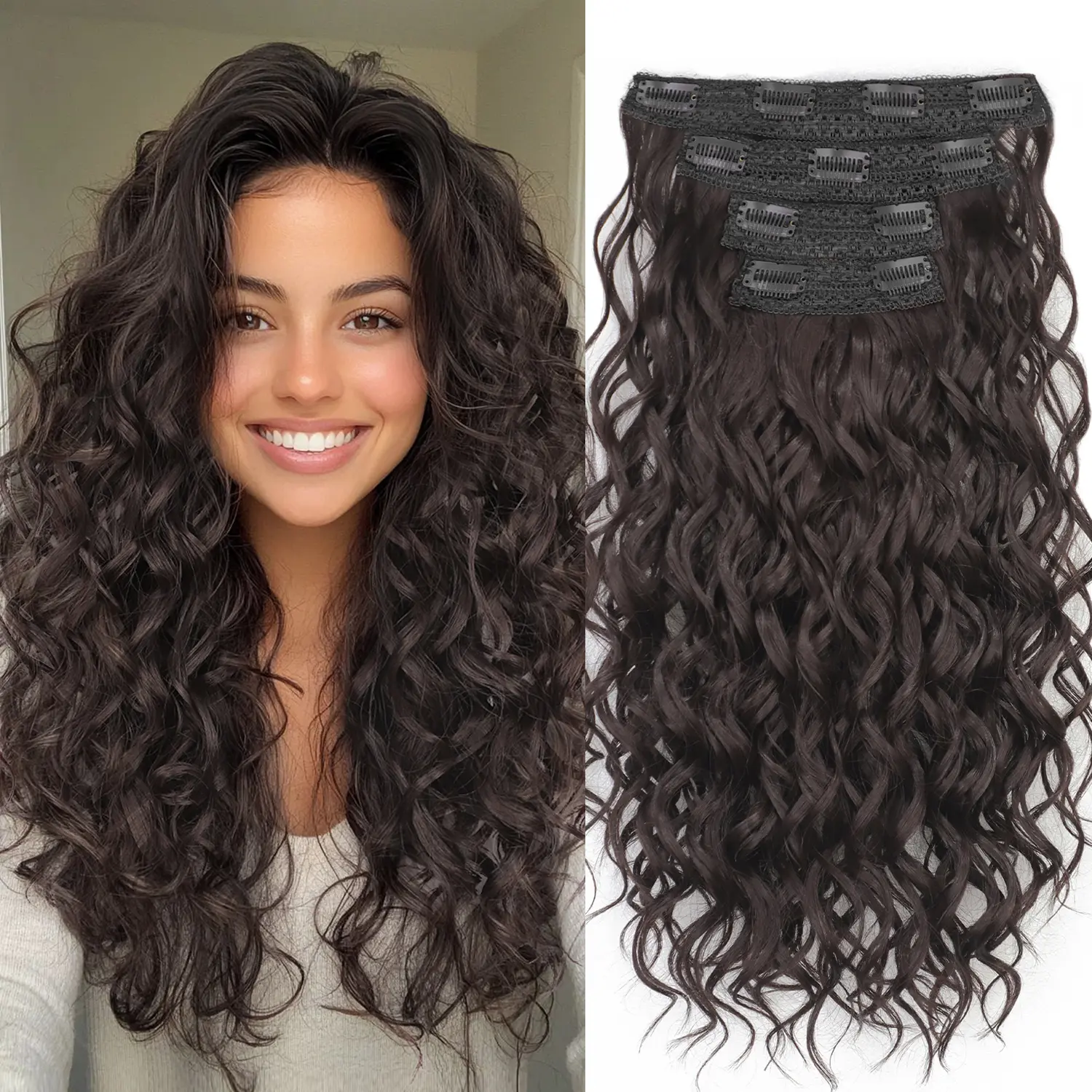 Curly Hair Extensions, 4PCS 16/22inch Clip in Hair Extensions Lace Weft Short Curly Hair Extensions Clip Ins Invisible Natural Hairpieces for Women, Chocolate Brown