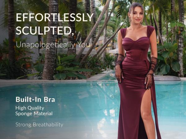 CurvySweet Women's Satin Ruched Sleeveless Bodycon Cocktail Formal Evening Maxi Dress with Built-in Bra & High Thigh Slit