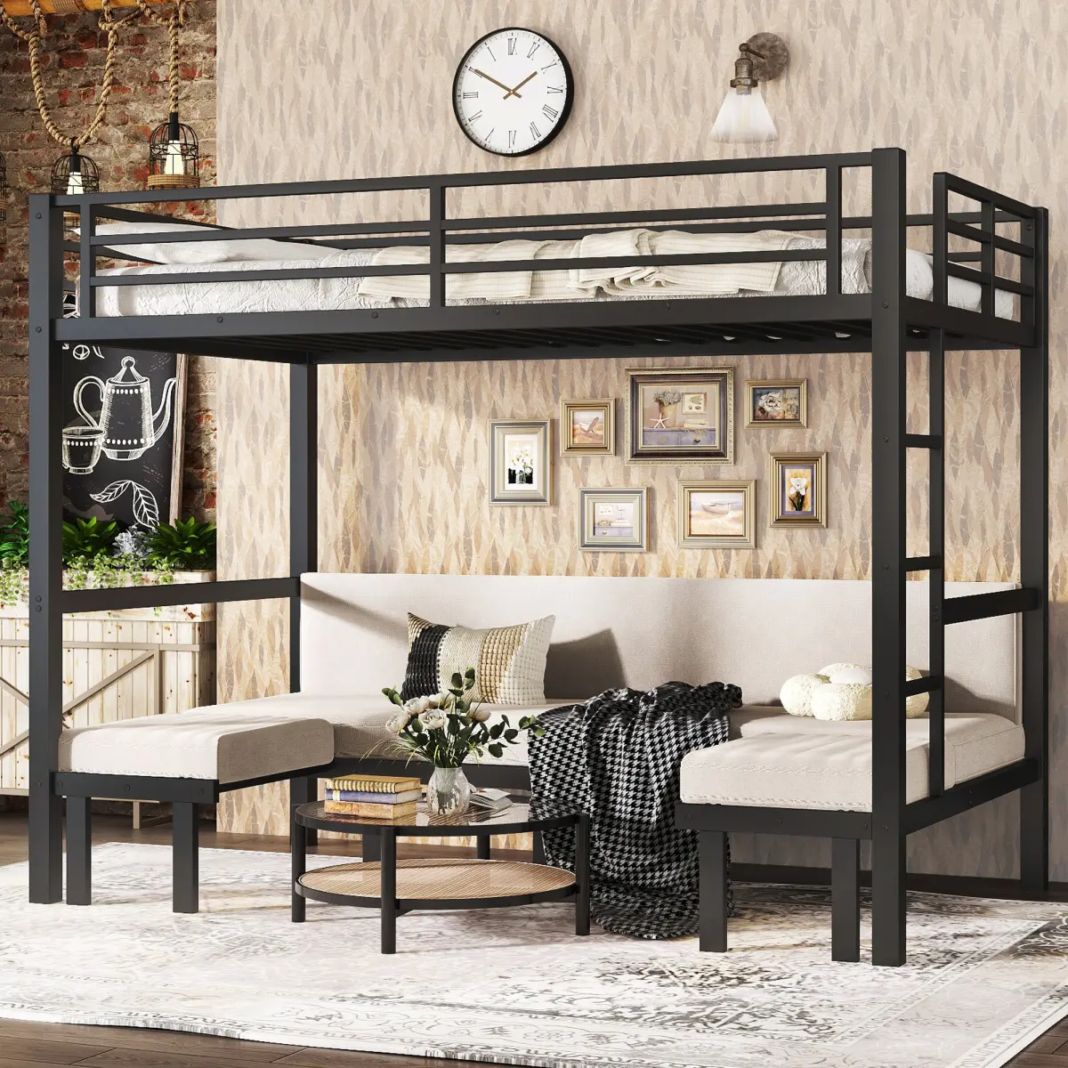 Metal Twin XL-over-Pull-Out Bunk Bed - Upper Twin XL, 3-Section Lower Bed (280lbs Capacity), Safe Top Rail, Black Indoor Frame, Pull-Out Sofa for Modern Home Decor & Modern Furniture